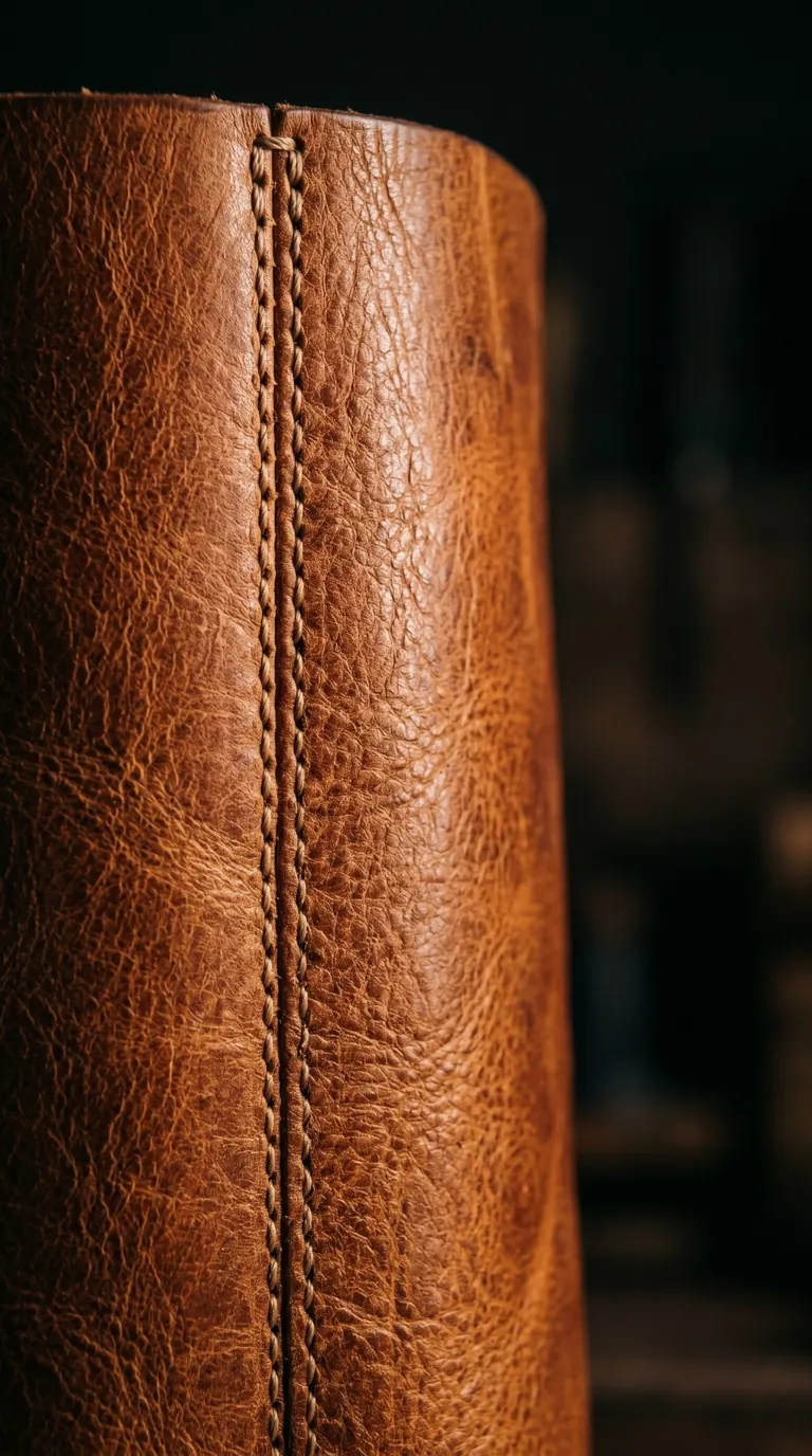 Piel genuina — Macro de textura de piel vacuno cognac con grano natural visible, costura lateral, luz lateral dramática sobre fondo dark