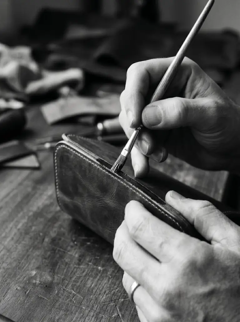 Manos aplicando canto pintado en borde de piel