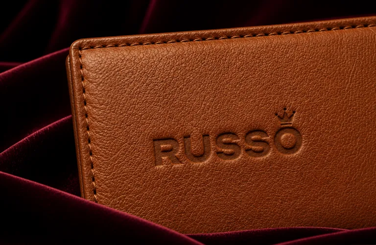 Logotipo Russo grabado en alta frecuencia bajo relieve sobre piel azul oscura