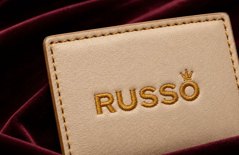 Logotipo Russo bordado en hilo dorado sobre piel beige