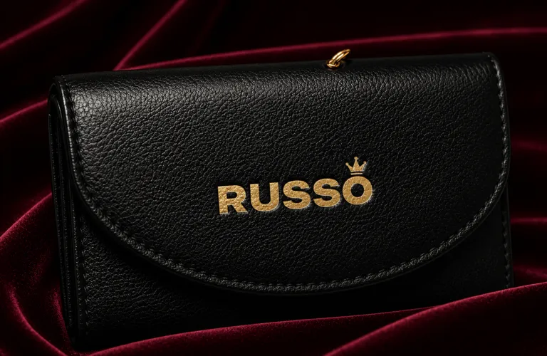 Logotipo Russo aplicado en hot stamping con foil dorado sobre piel negra