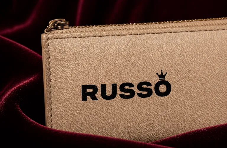 Logotipo Russo impreso en tinta UV negra sobre piel beige