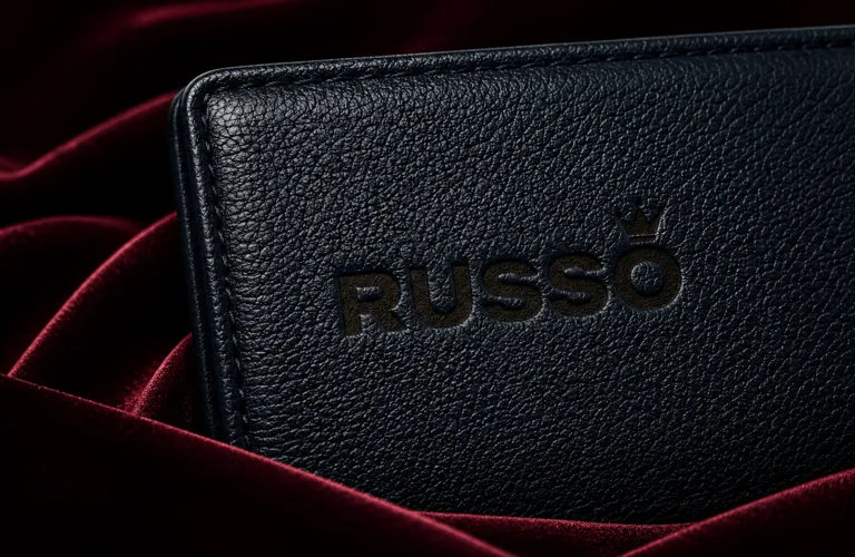 Logotipo Russo grabado en láser sobre piel cognac