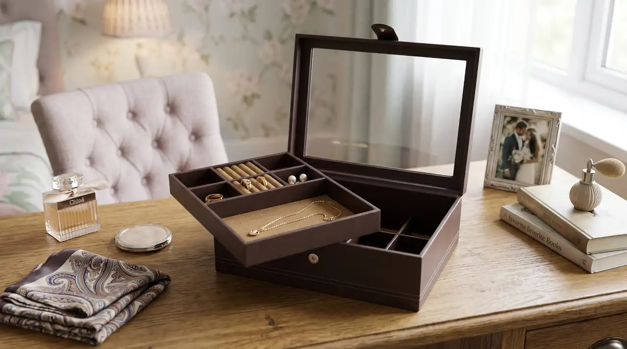Alhajero personal de piel café con tapa de espejo abierta sobre tocador, mostrando compartimentos con joyería y accesorios