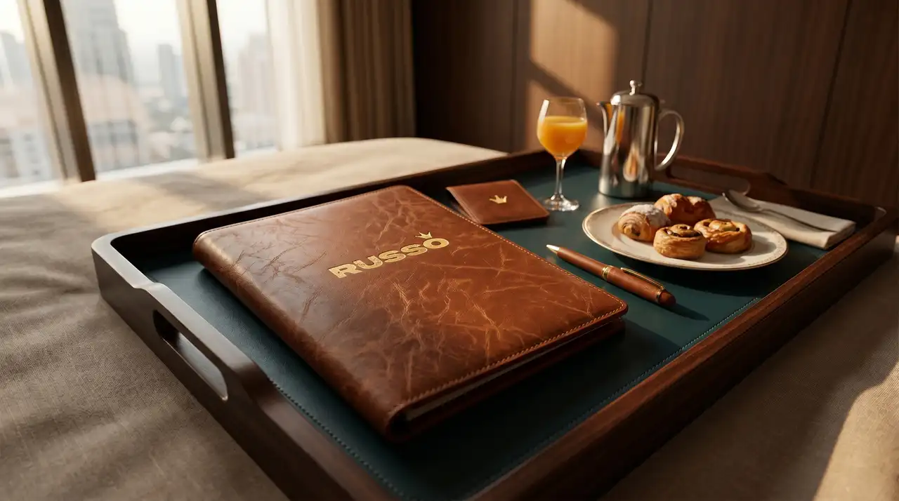 Folio Russo de piel café con pluma a juego sobre charola de room service con jugo, café y pan dulce en habitación de hotel