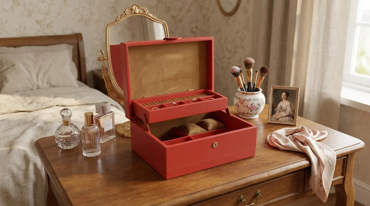 Caja de joyas en piel coral con tapa abierta y espejo dorado, interior en gamuza con compartimentos para anillos y relojes, sobre tocador de madera con perfumes y brochas