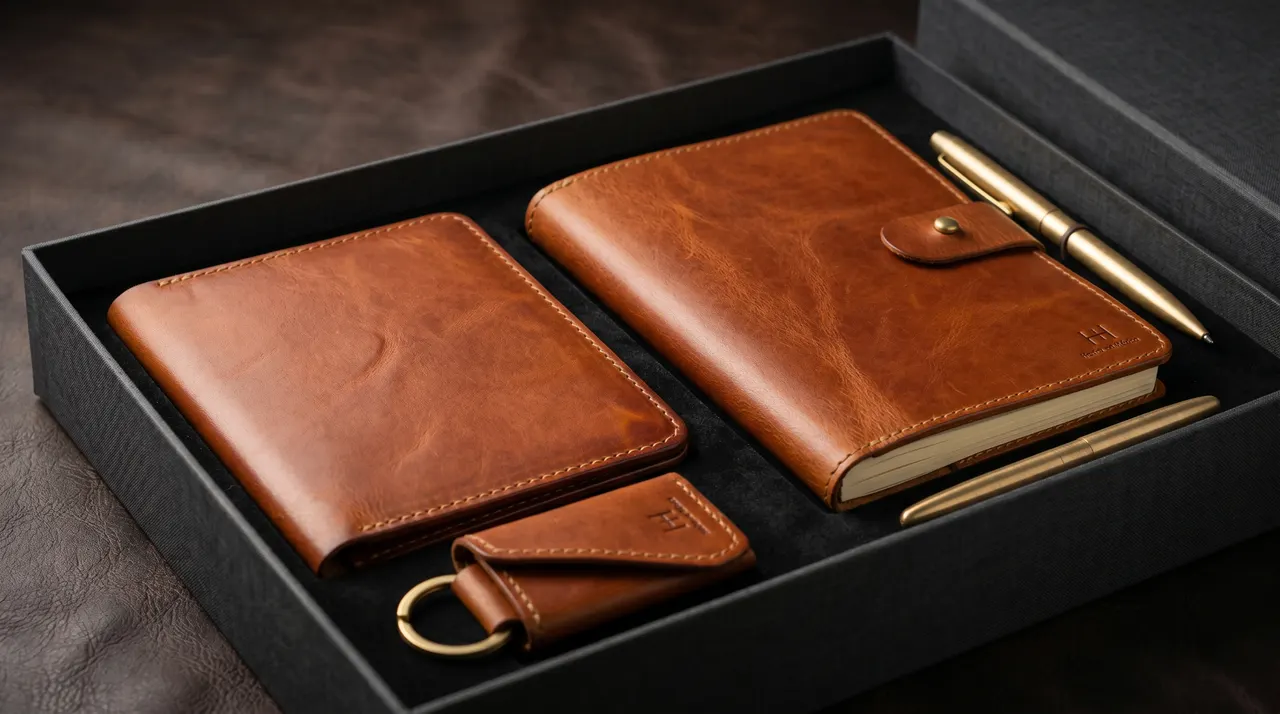 Caja de presentación corporativa gris abierta con tarjetero, agenda y llavero de piel cognac cosidos a mano, junto a plumas doradas, sobre superficie de cuero