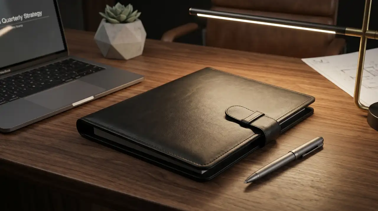 Carpeta ejecutiva firmante de piel negra con correa, sobre escritorio de madera junto a laptop y pluma