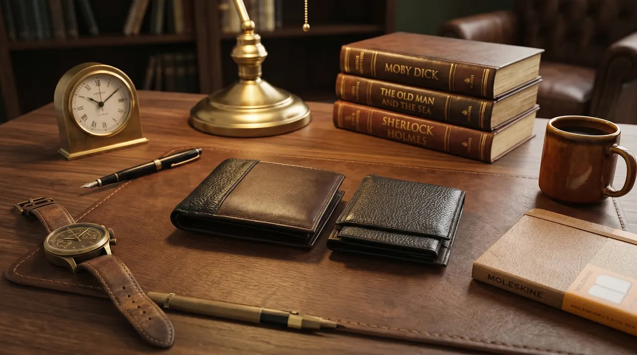 Dos carteras de bolsillo ejecutivas en piel café y negra sobre carpeta de escritorio con libros clásicos, reloj de mesa, pluma y taza de café