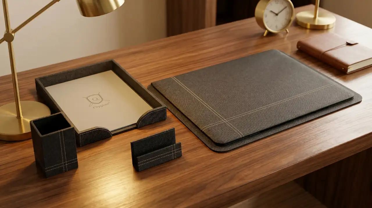 Set de escritorio en piel: charola, portalápices, porta tarjetas y carpeta sobre mesa de madera