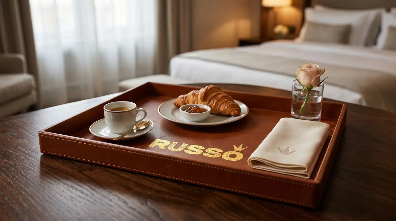 Charola de servicio en piel café con logo Russo dorado, café, croissant y rosa en habitación de hotel