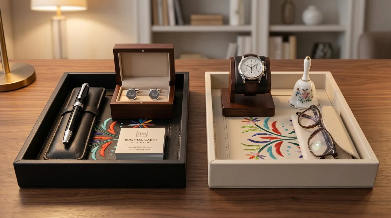 Dos charolas de piel sobremesa, una negra y una crema, con bordado floral multicolor, sobre escritorio de madera con pluma, mancuernillas, reloj y lentes