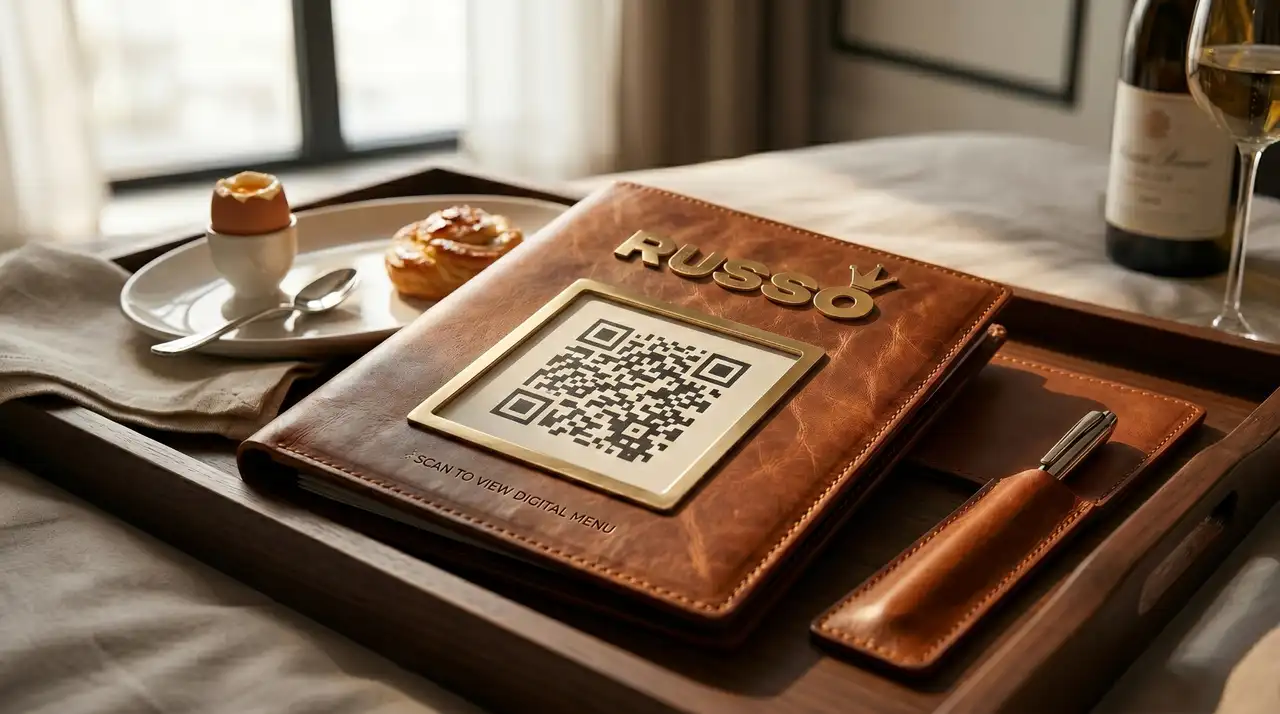 Compendio del huésped Russo en piel café con QR dorado grabado sobre charola de madera con desayuno y vino en habitación de hotel