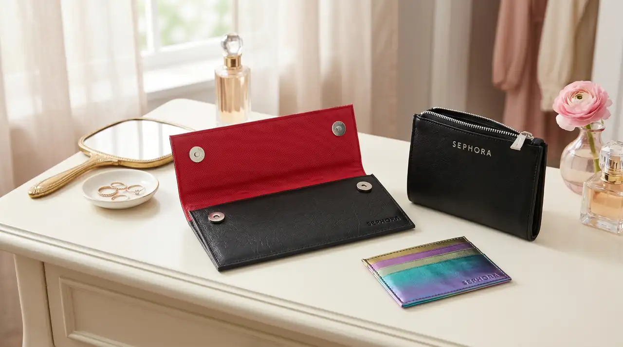 Cosmetiquera de piel negra con interior rojo abierta sobre tocador junto a porta brochas, monedero, joyería y perfumes