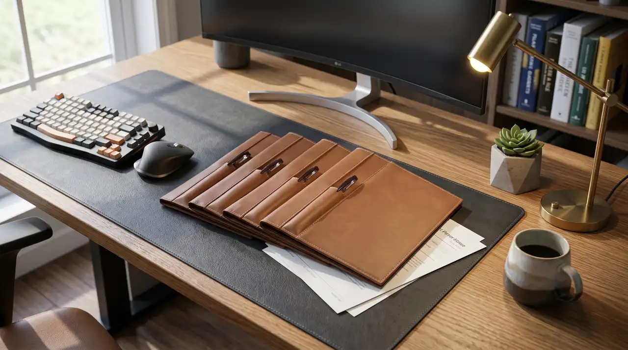 Cuatro cuadernos ejecutivos en piel café con portapluma sobre escritorio de madera junto a teclado y lámpara