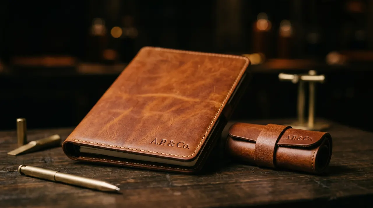 Edición limitada aniversario: agenda de piel cognac grabada con iniciales A.P. & Co. junto a estuche enrollable a juego y plumas doradas sobre mesa de madera oscura