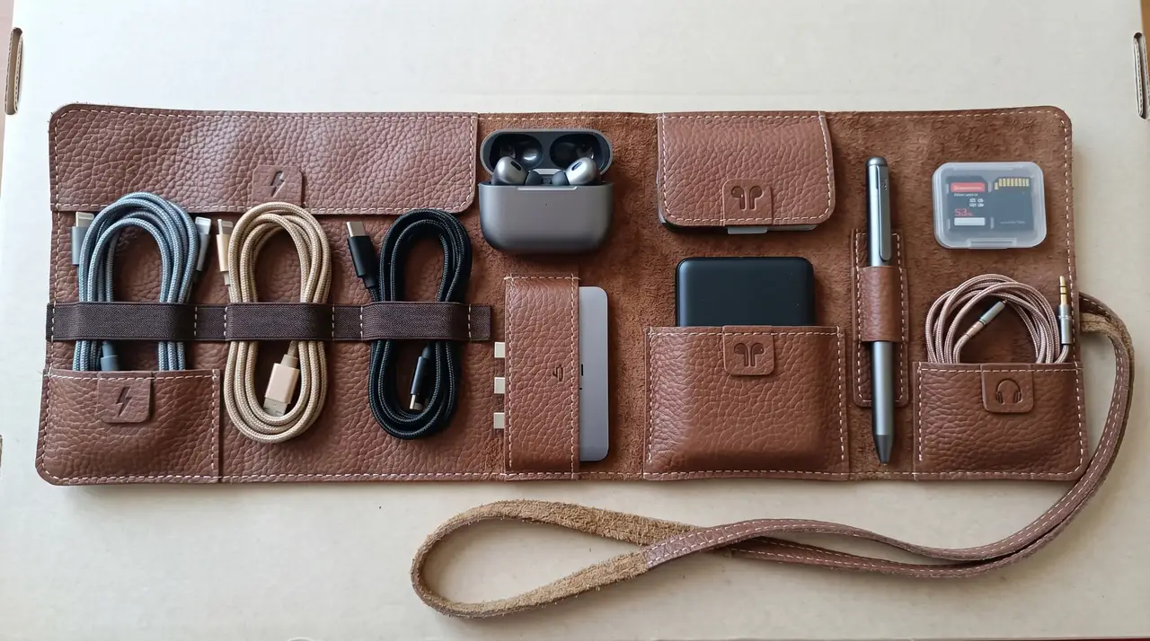 Estuche enrollable de piel café con cables, audífonos, power bank, pluma y accesorios tech organizados