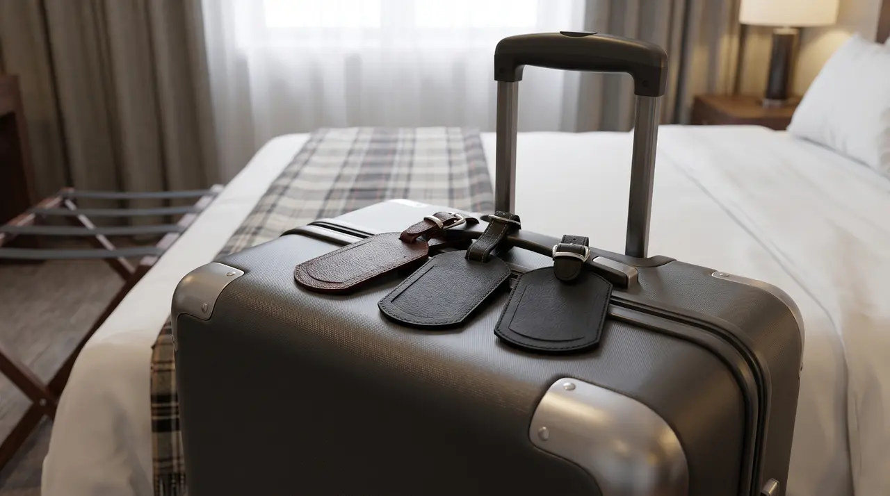 Tres etiquetas de equipaje de piel sobre maleta en habitación de hotel