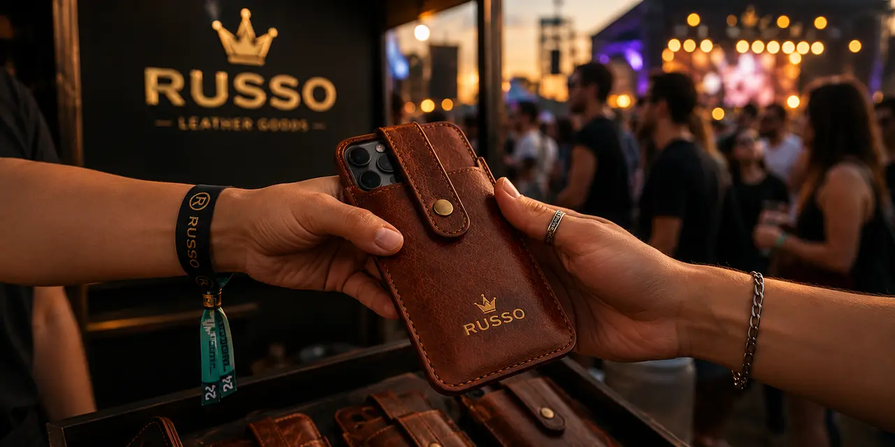 Funda de celular en piel café con grabado Russo entregada en stand de festival al atardecer, con escenario iluminado al fondo