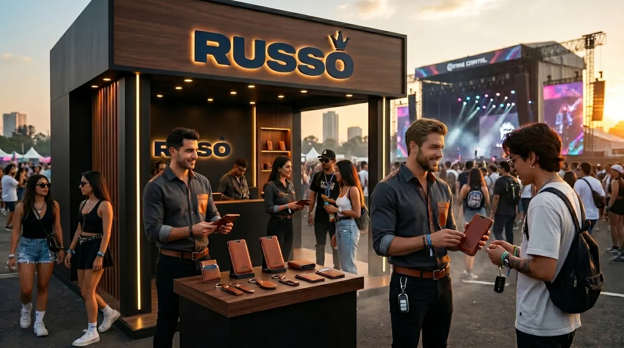 Stand Russo en festival al atardecer con porta credenciales, fundas de celular y llaveros de piel café exhibidos, asistentes recibiendo piezas frente al escenario iluminado