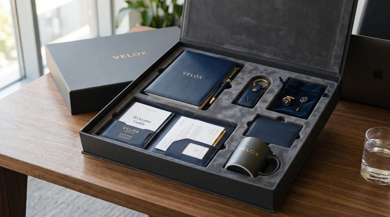 Kit VIP custom marca Velox: caja de presentación gris abierta sobre escritorio de madera con libreta azul marino, pluma, llavero, mancuernillas, tarjetero, taza y welcome guide