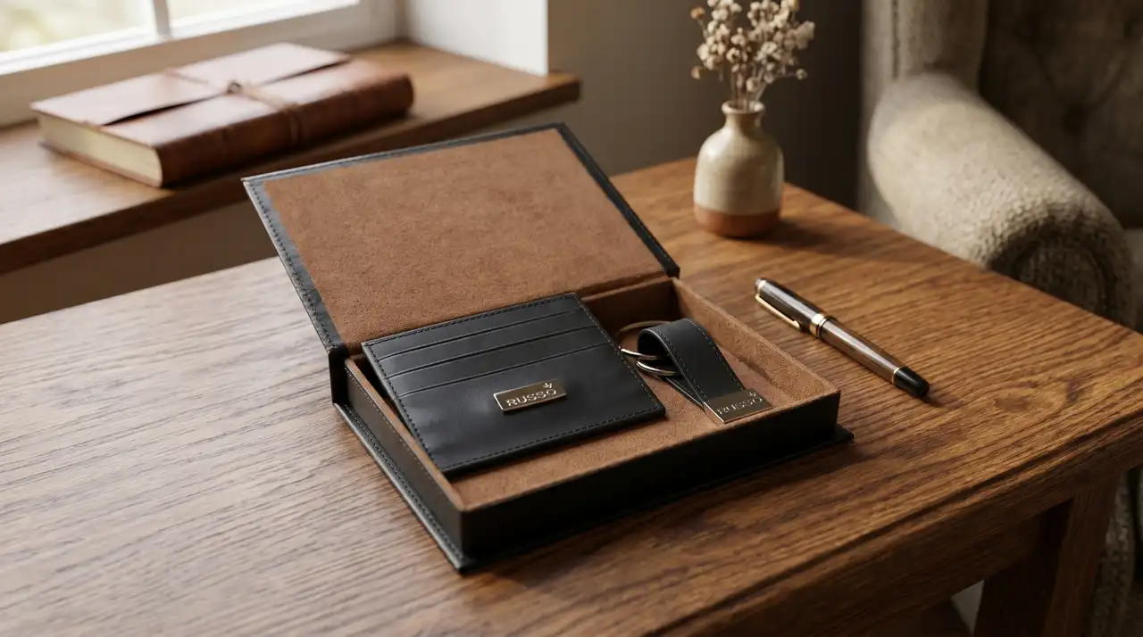Set ejecutivo en estuche negro: tarjetero Russo con placa metálica y llavero a juego sobre escritorio de madera con pluma
