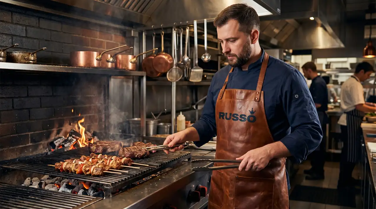 Chef en cocina abierta usando mandil de piel café con logo Russo, asando carnes a la parrilla