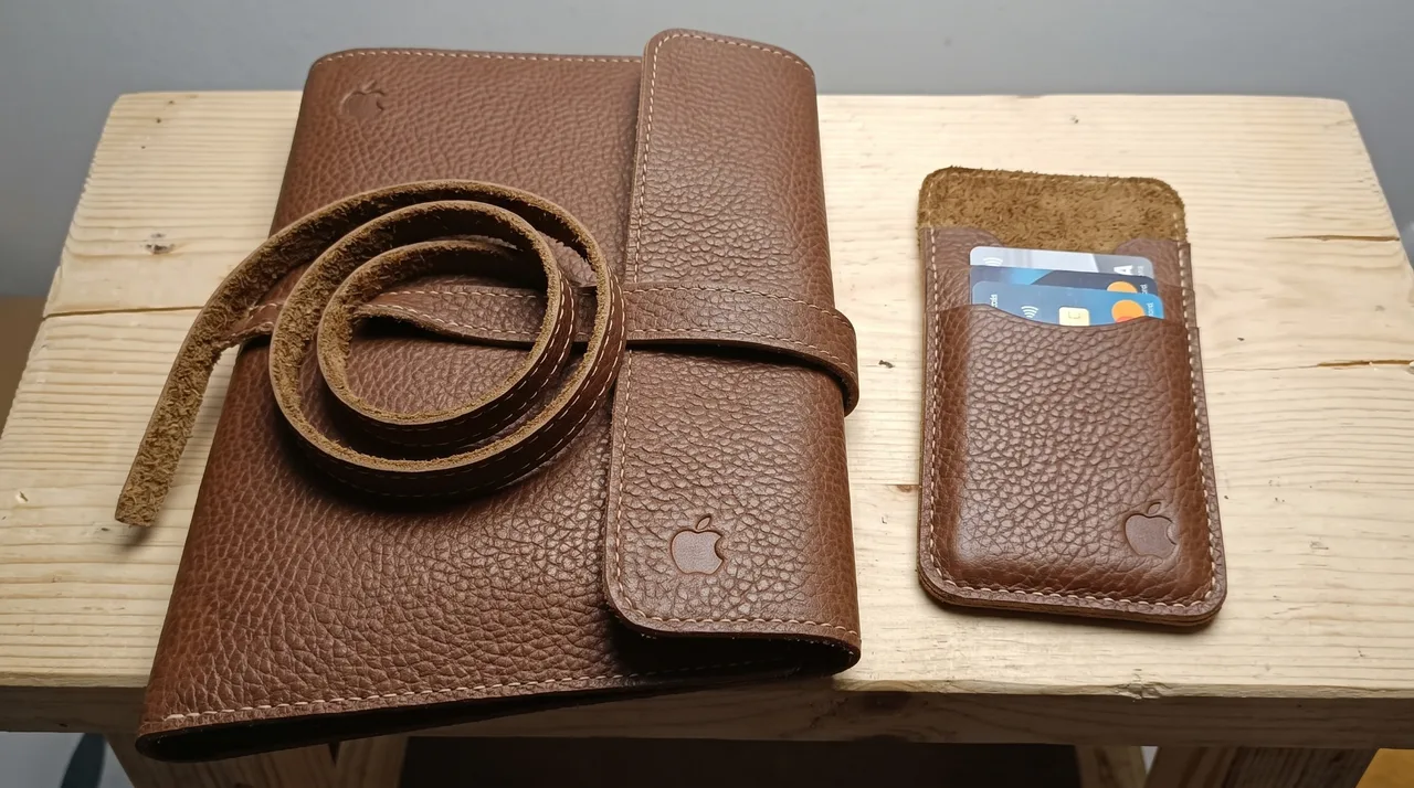 Porta pasaporte ejecutivo de piel café con correa y porta tarjetas a juego
