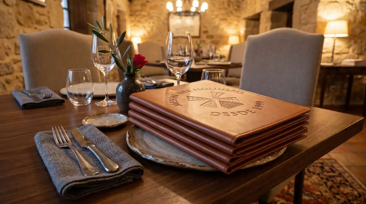 Mesero presentando portamenú abierto de piel negra en restaurante con iluminación cálida
