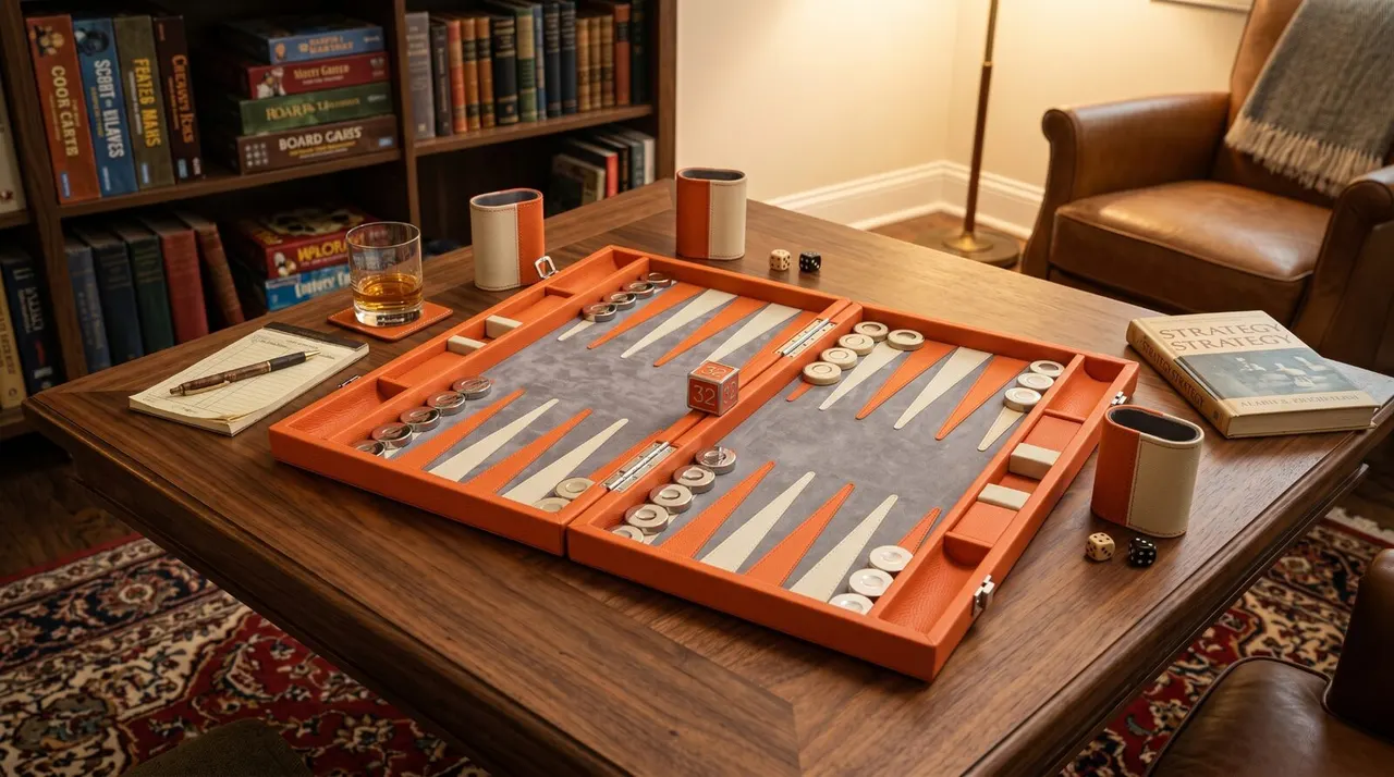 Set de backgammon de piel naranja con interior en gamuza gris, fichas, dados y cubiletes sobre mesa de madera en biblioteca