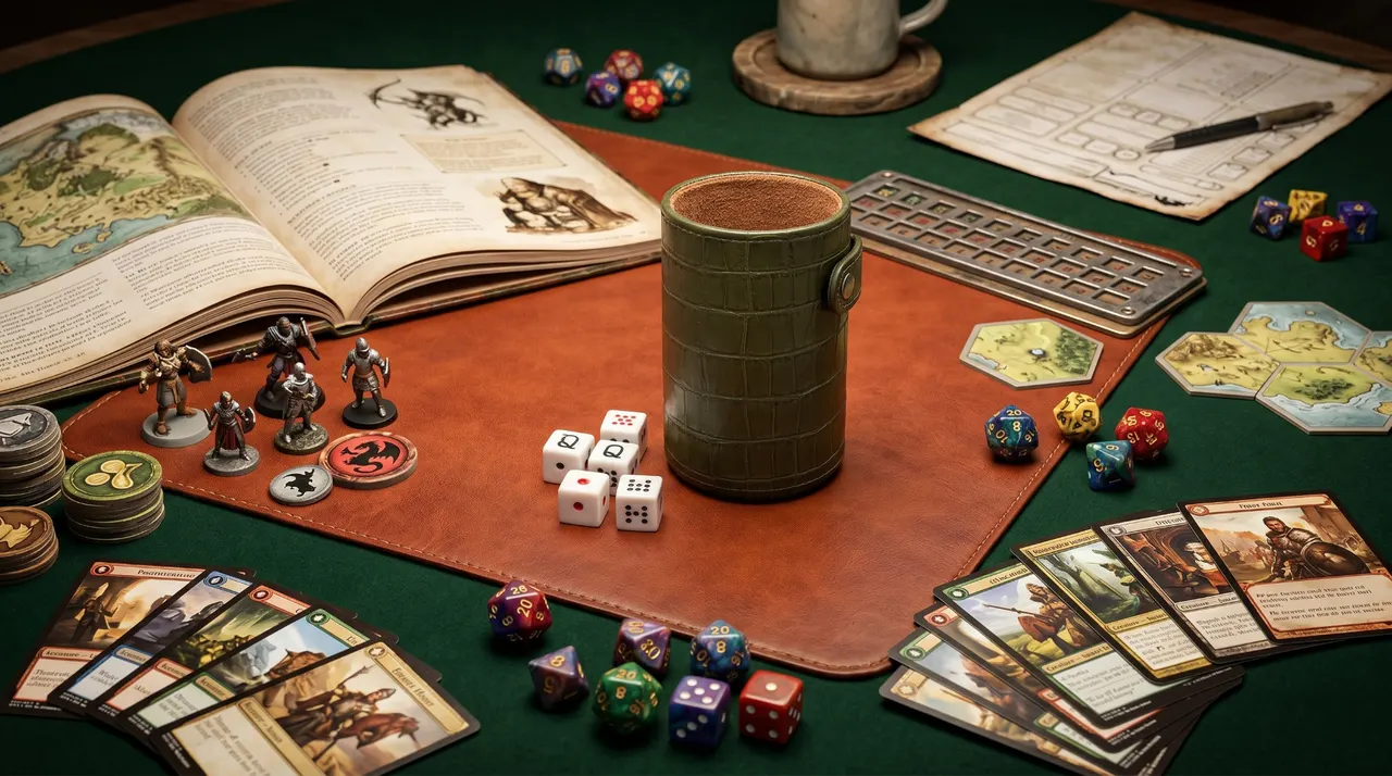 Set de juegos de mesa en piel: cubilete verde con dados, tapete cognac con miniaturas, cartas, fichas y libro de reglas sobre mesa verde