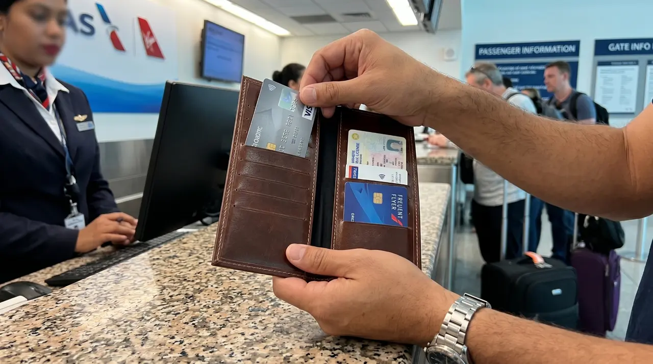 Travel wallet de piel café abierta mostrando tarjetas y documentos en mostrador de aeropuerto