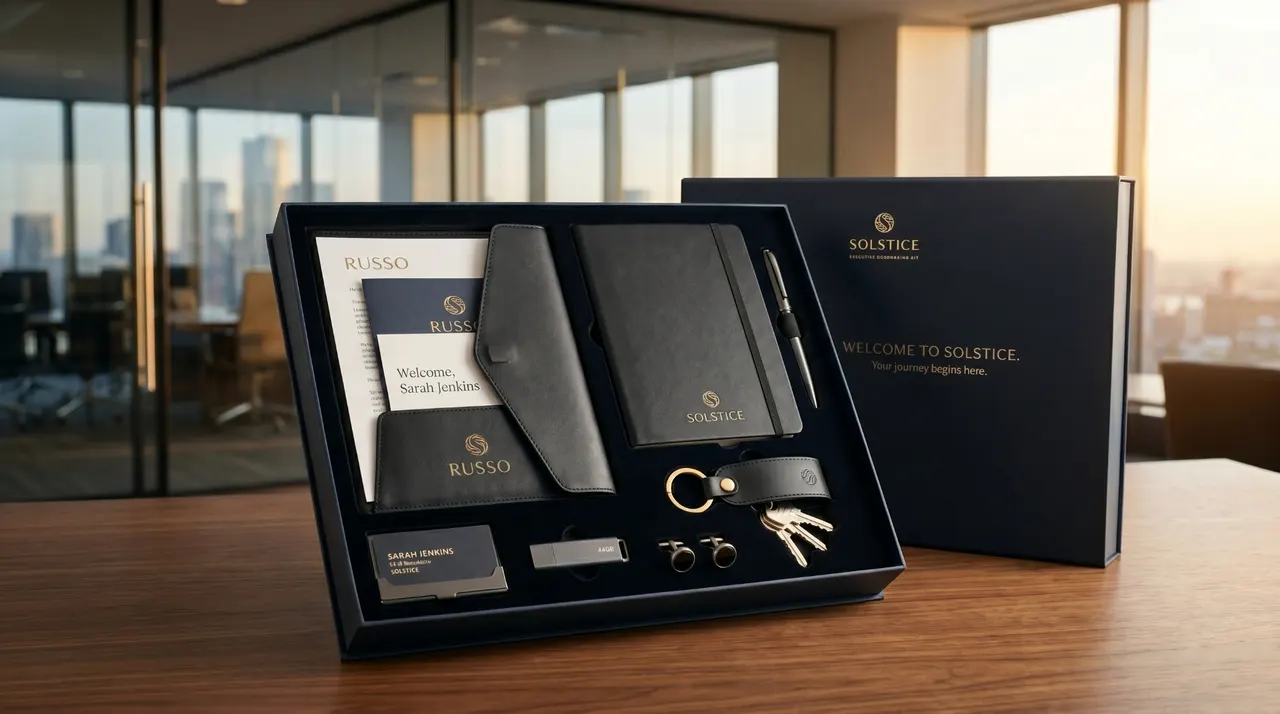 Welcome kit empleado en caja azul marino sobre mesa de madera: carta de bienvenida personalizada, porta documentos, libreta con logo, pluma, llavero, mancuernillas, USB y tarjetero, con skyline corporativo al atardecer al fondo